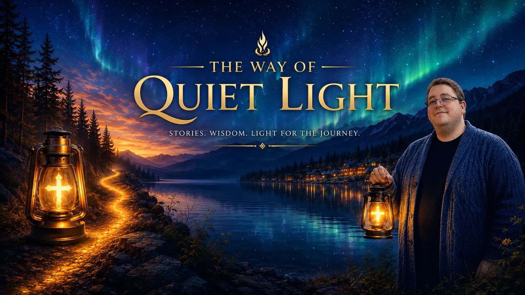 The Way of Quiet Light header artwork with aurora-lit mountains, lanterns, and a lakeside path.