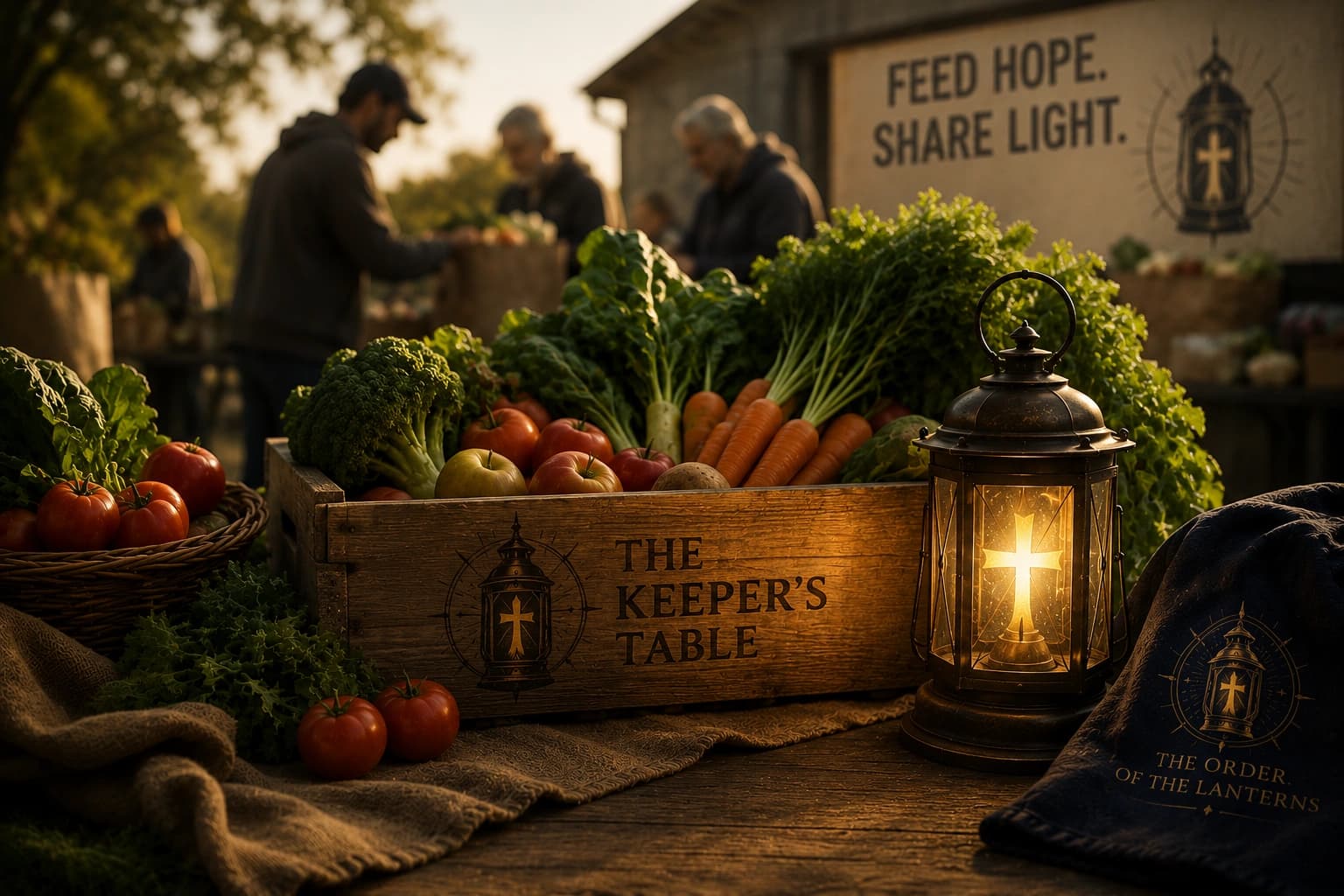 A lantern beside a basket of produce and food support boxes for The Keeper's Table.