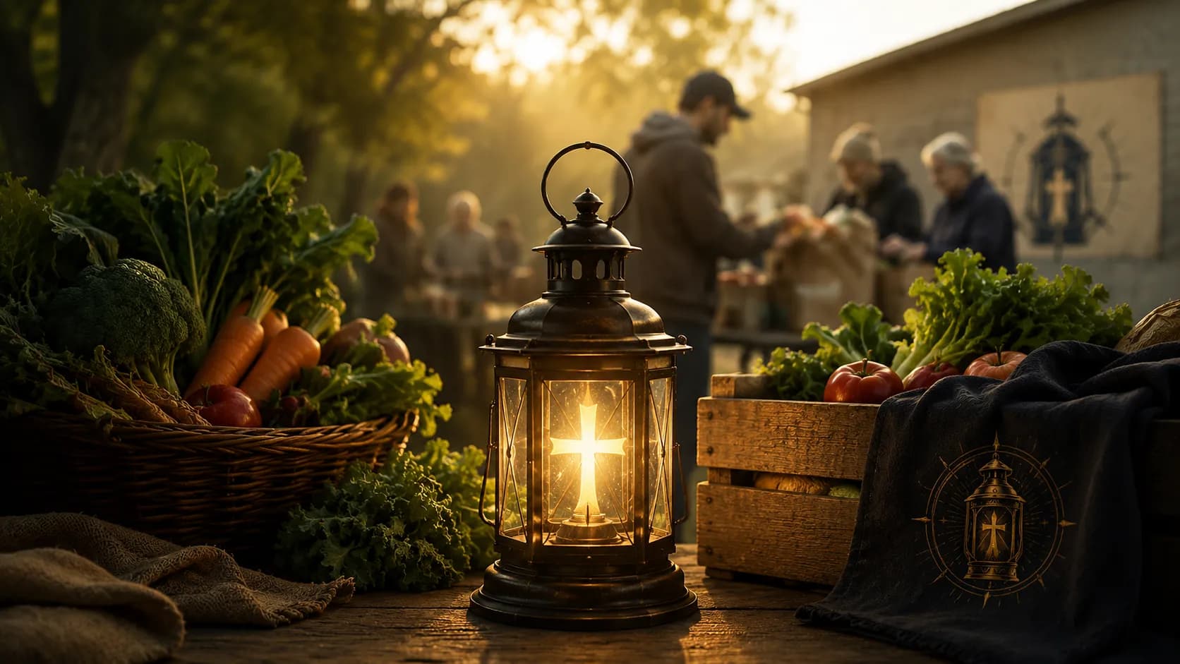 Lantern-lit Quiet Works table with produce and practical support imagery.