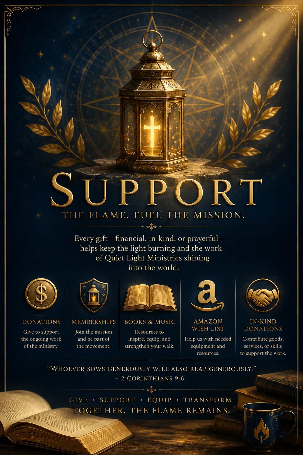 Quiet Light Ministries support artwork showing the lantern and the work of ministry.