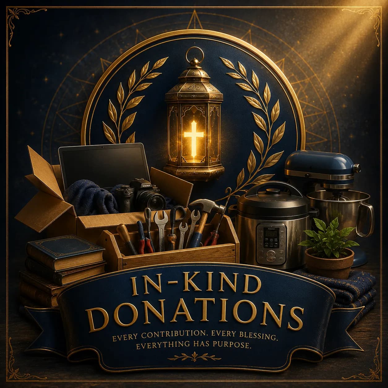 Quiet Light Ministries in-kind donation artwork showing Bibles, supplies, and useful resources.