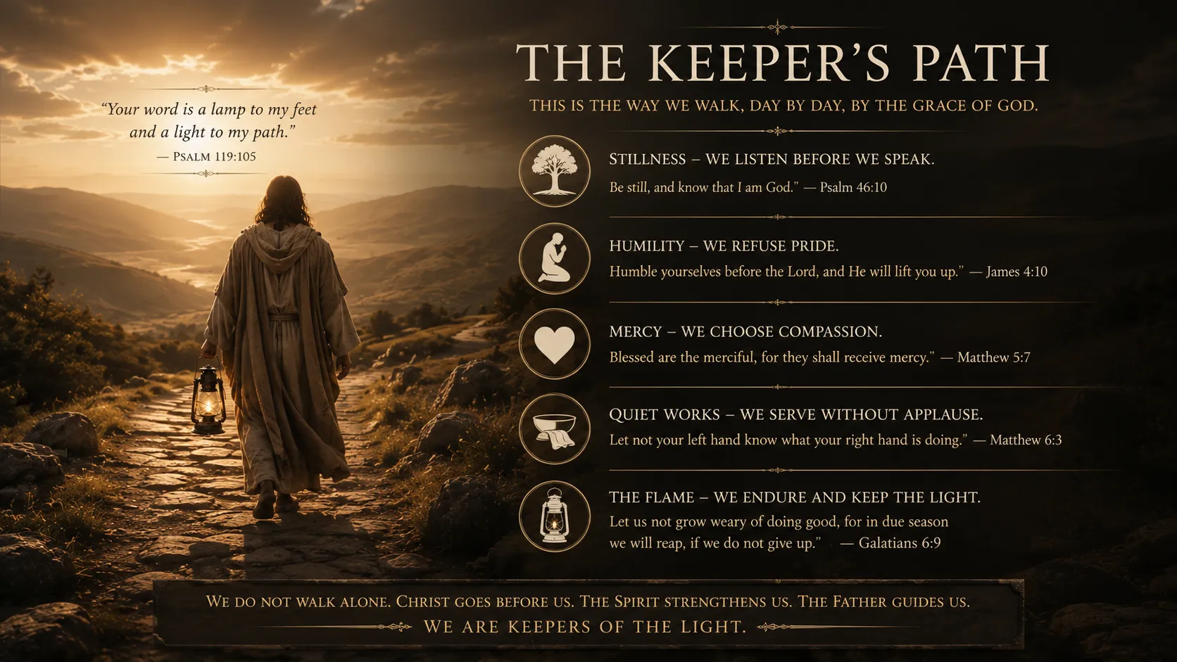 The Keeper's Path with a lantern-lit road of stillness, mercy, service, and endurance