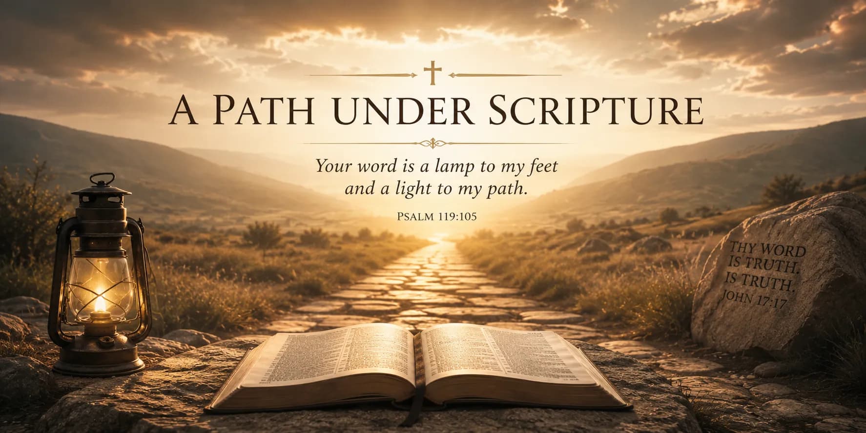 A path under Scripture with an open Bible and lantern light