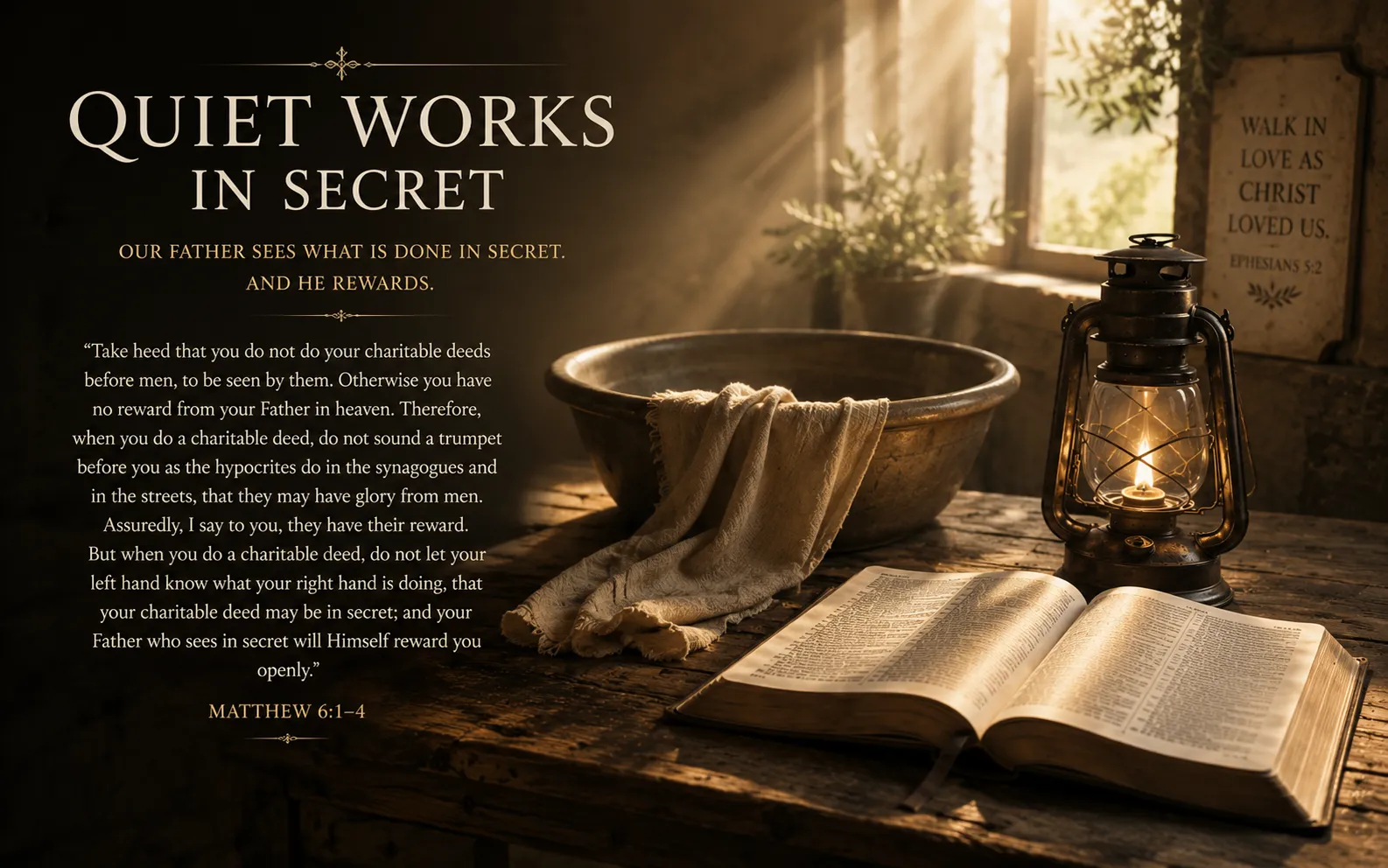 Quiet works in secret with Scripture, a lantern, and humble service