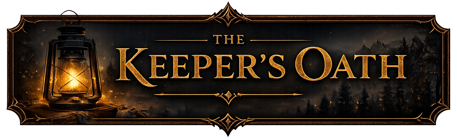 The Keeper's Oath header artwork with a glowing lantern, gold lettering, and a dark forest border.